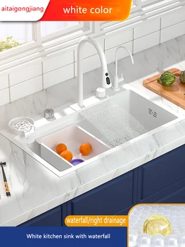 Новый продукт Водопадная раковина из нержавеющей стали 304, большой белый кухонный умывальник с одним корытом, умывальник для домашней посуды ручной работы