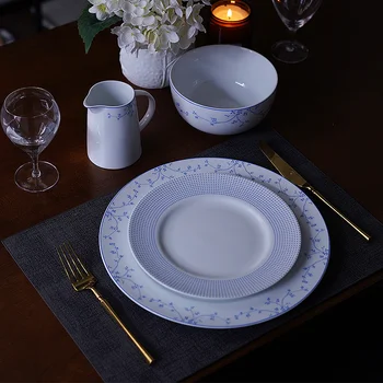 Высококачественная керамическая посуда в скандинавском стиле с синей каймой, Домашняя тарелка для стейка, Чаша для макарон, Чашка для молока, изысканный набор обеденных тарелок
