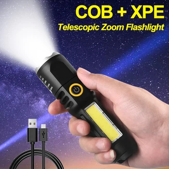 Водонепроницаемые светодиодные фонари с телескопическим зумом XPE COB Torch, лампа Type-C, зарядка через USB, фонарик с сильным светом для кемпинга, рыбалки