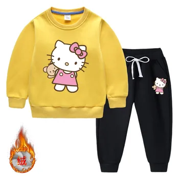 Детский теплый брючный костюм Hello Kitty с длинными рукавами Для мальчиков и девочек, Бархатный свитер на подкладке + Повседневные брюки, Костюм-двойка