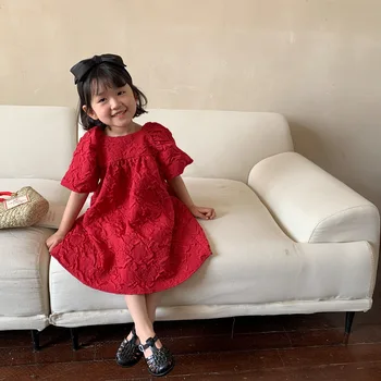 Летнее платье Принцессы для маленьких девочек 2023 года, Красные платья с пышными рукавами для маленьких девочек, Детская праздничная одежда на День Рождения от 2 до 7 лет