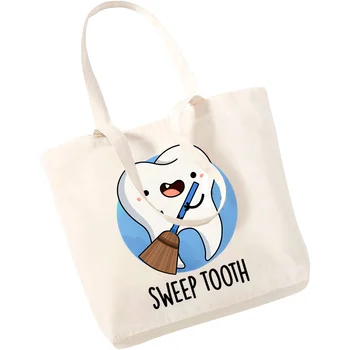 Эстетичный Забавный зуб Стоматолога, Кавайный дизайн, холщовые сумки на плечо, большая вместительная сумка для колледжа в стиле Харадзюку, женская сумка для покупок