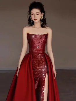 Современный сексуальный топ-труба, Длинное Вечернее платье Трапециевидной формы с высоким Разрезом, Винно-красное Китайское Традиционное Платье с блестящими пайетками, одежда для тостов