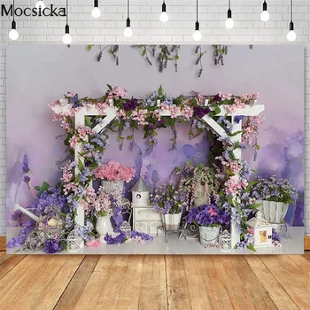 Mocsicka Фиолетовый садовый цветочный фон для Девочки, 1-й торт ко Дню рождения, реквизит для фотосессии, фон для студийной будки, розовый цветочный фотосалон