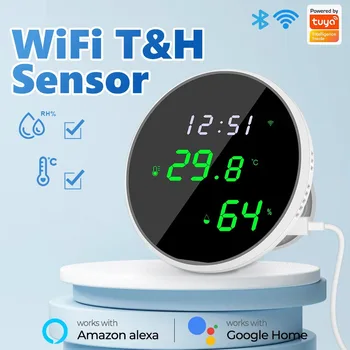 Tuya Wifi Датчик температуры и влажности Thermometre Capteur De Temperature со светодиодным зеркальным экраном Smart App Пульт дистанционного управления
