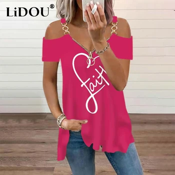 Летний Модный уличный топ, Женская футболка с металлическим принтом, футболка на молнии с V-образным вырезом и открытыми плечами, Свободная повседневная футболка Оверсайз