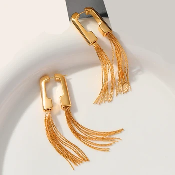 HUANZHI Блестящие Металлические Позолоченные Квадратные Струящиеся серьги с длинными кисточками для женщин и девочек, Двухсторонний ювелирный подарок