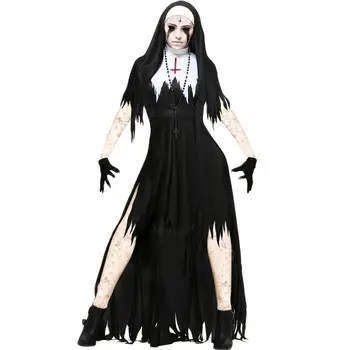 Костюм Монахини для Косплея на Хэллоуин для женщин, страшный костюм, Женский Призрак ужасов для взрослых, Черное Длинное платье для вечеринки, Косплей