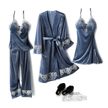 Пижамы Осень-зима, комплект из четырех предметов с длинными рукавами, Кружевная Сексуальная золотистая бархатная пижама, которую можно носить на подушке для груди, домашняя одежда