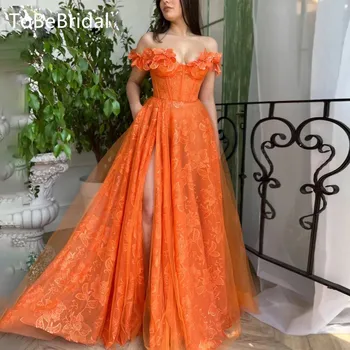Элегантное Оранжевое Длинное Платье для выпускного Вечера с 3D вышивкой и цветами, Милое вечернее платье трапециевидной формы с открытыми плечами и боковыми разрезами, Vestido De Noche