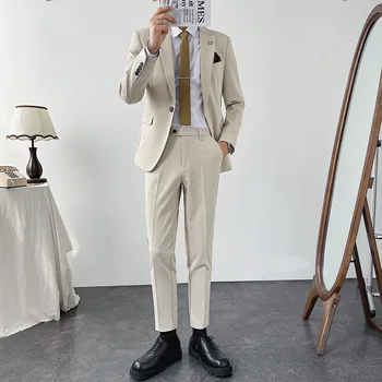 (Блейзеры + брюки) Легкий Корейский модный мужской костюм с бамбуковой опушкой для делового джентльмена, темно-серый комплект из 2 предметов