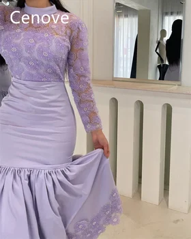 Популярное Фиолетовое платье для выпускного вечера Cenove с высоким вырезом, Длинными кружевными рукавами С драпировкой в виде Русалки, Вечернее летнее платье для женщин