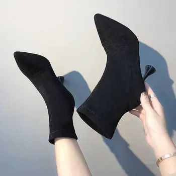 Женская обувь Koovan, Ботинки, Зима 2021, Новая женская обувь, Короткие сапоги на высоком каблуке с острыми носками, Эластичные носки для девочек