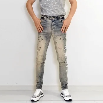 Уличная Мода, мужские джинсы, Ретро Эластичные, приталенные, Окрашенные, Рваные джинсы, Мужские Брюки с дырками, Дизайнерские брендовые брюки в стиле хип-хоп с принтом