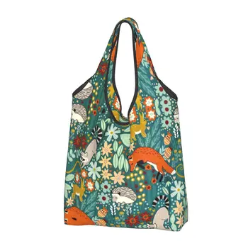 Сумки для покупок в лесу с текстурой лисы, Модная сумка-тоут для покупателей, большая вместительная портативная сумка с изображением животных