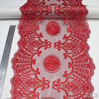 30 ярдов Фарфора, красная сетчатая кружевная отделка, ткань 