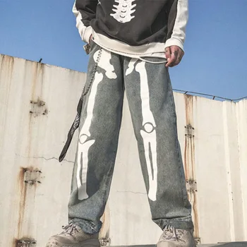 Мужские Джинсы Skeleton, Прямые джинсы Оверсайз, Черные брюки, Джинсовая ткань 2021, Мужская Уличная одежда, шаровары в стиле хип-хоп, Джинсовые брюки с высоким ворсом