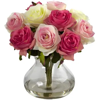 Композиция из искусственных цветов с розами в вазе, многоцветная