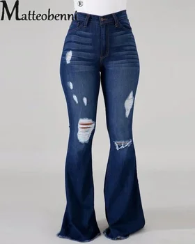 Джинсы-клеш с высокой талией и рваными отверстиями, женские брюки в британском стиле, женские повседневные удобные повседневные джинсовые брюки