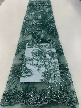 Африканская Тюлевая Кружевная ткань с Зелеными Блестками 2023, Высококачественный Кружевной Материал, Французская Кружевная ткань с бисером Для Шитья свадебной вечеринки, 5 ярдов