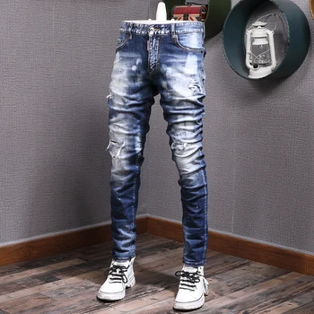 Модная Мужская Обтягивающая Уличная одежда, ретро Синие Эластичные рваные джинсы Slim Fit, Мужские раскрашенные Дизайнерские брендовые джинсовые брюки в стиле хип-хоп, Hombre