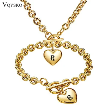 Модный Женский ювелирный набор с надписью A-Z в виде сердца, Золотой Цвет, Нержавеющая Сталь, Овальная цепочка Rolo, ожерелье, наборы браслетов Для женщин