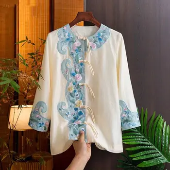 2023 Китайский купальник топ, весенняя новинка, китайская рубашка с вышитой кисточкой и пуговицами, женская рубашка, женская блузка hanfu