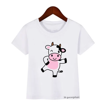 Футболка с рисунком розовой клубники и коровы, Кавайная футболка для девочек, детские летние топы с короткими рукавами и героями мультфильмов, футболка для мальчиков в стиле Харадзюку