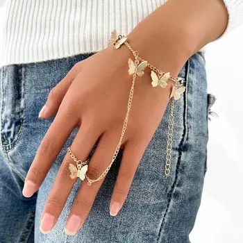Винтажное кольцо-бабочка в стиле Панк с браслетом, Цепочка на запястье, палец Для женщин, кольцо с Подвесками, Леди, Модный эстетичный ювелирный подарок