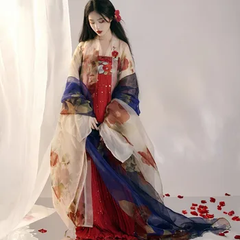 Традиционная китайская вышивка в виде цветка камелии Hanfu в стиле Тан, цельная рубашка с большим рукавом, плиссированная юбка