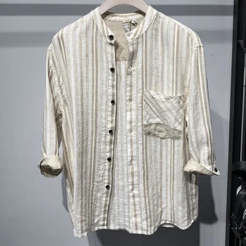 Новая Летняя повседневная рубашка в полоску с рукавом три четверти и карманами, Льняная деловая мода, Красивые топы, модная универсальная мужская одежда