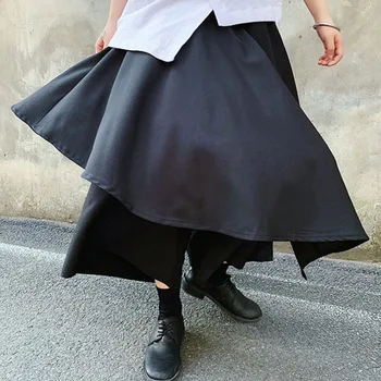 Черный Нерегулярный Костюм Японского Самурая Для мужчин, Юбка-брюки в стиле Харадзюку, Мужское Кимоно, Свободные брюки в стиле хип-хоп