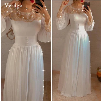Verngo Блестящие бусины, жемчуг, белые вечерние платья с длинными рукавами, Элегантные платья для выпускного вечера с круглым вырезом и пуговицами трапециевидной формы, скромное вечернее платье