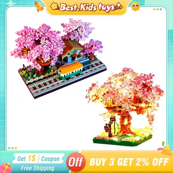 Комнатные растения, Кубики, Городской Мини-домик на дереве Сакура с подсветкой, модель дома в цвету вишни, строительные блоки, игрушки для детей, подарки