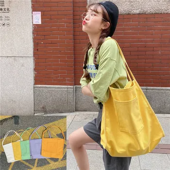 Модная холщовая сумка, повседневная однотонная экологическая сумка через плечо, женская сумка большой емкости, хлопковая сумка для покупок
