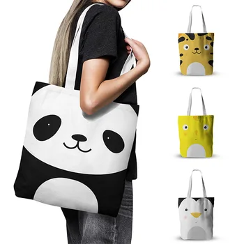 Новая женская мультяшная сумка, цветная мордочка животного, Панда, Лев, холщовая сумка на плечо, Большая вместительная сумка для девочек, многоразовая сумка для покупок, сумка для продуктов