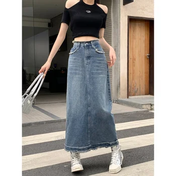 Винтажная женская джинсовая юбка трапециевидной формы с высокой талией и необработанными краями, юбка средней длины