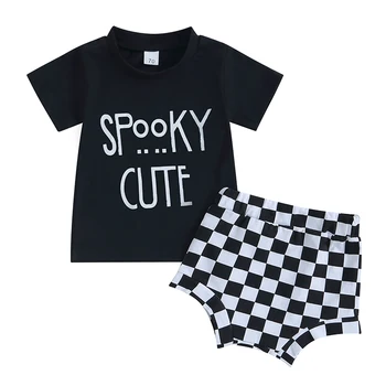 Комплект шорт для маленьких мальчиков, Футболка с коротким рукавом и буквенным принтом, Клетчатые шорты с эластичным поясом, Одежда на Хэллоуин