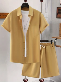 Мужская однотонная летняя одежда из 2 предметов -рубашка на пуговицах и шорты с завязками на талии без футболки