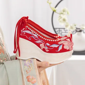 9 цветов; Женская элегантная обувь с вышивкой в древнем сказочном китайском стиле; Cheongsam Hanfu; Обувь на шнуровке с жемчугом; Ботильоны на высоком каблуке