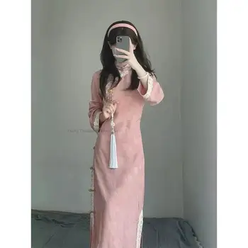 Розовое кружевное платье, Весеннее Новое Женское платье Китайской Республики, Улучшенное платье Cheongsam Lady Vestidos В Азиатском стиле, Изящное Ципао