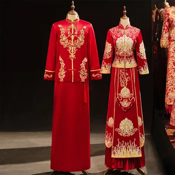Элегантная Пара 2022 Года, Винтажное Свадебное Платье с Цветочной Вышивкой Стразами, Чонсам В Китайском Стиле китайская одежда