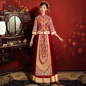 Ретро Изысканная вышивка Феникса бисером, китайский свадебный костюм для пары Чонсам, элегантное платье невесты китайская одежда