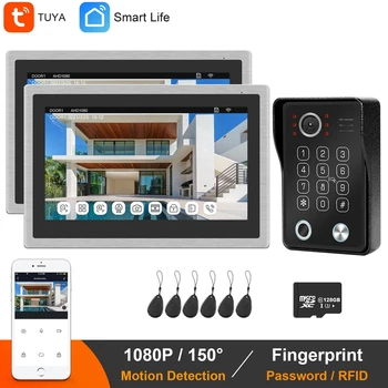 WiFi IP-видеодомофон, 10-дюймовый беспроводной видеодомофон с функцией обнаружения движения, камера для дверного звонка по отпечатку пальца, Tuya Smart App