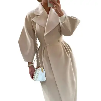 Осеннее женское шерстяное пальто с рукавом-фонариком, Двубортное офисное женское универсальная ветровка, Утолщенная уличная одежда, женское пальто