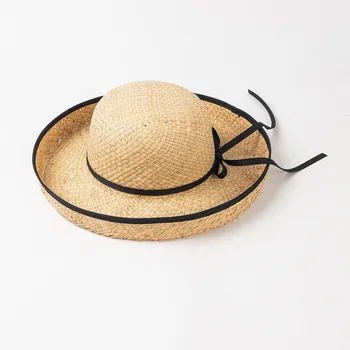 Корейская версия новой модной шляпы для бассейна из рафии с закатанным краем и завязывающимся бантом, для путешествий на открытом воздухе, солнцезащитный козырек, соломенная шляпа