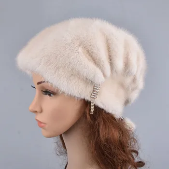 Шапки из цельного натурального меха норки, женские зимние шапки с помпонами из меха норки, Элегантная роскошная высококачественная женская шапочка