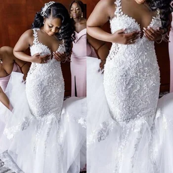 Элегантное Белое Кружевное Свадебное платье 2020 Русалка Плюс Размер С Цветочной аппликацией На Бретельках Без рукавов Длинные Африканские свадебные платья