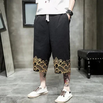 Льняные прямые брюки в китайском стиле, Мужские Укороченные шорты с принтом 