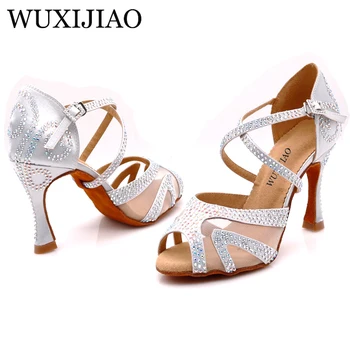 WUXIJIAO/ серебристые атласные туфли для латиноамериканских танцев с бриллиантами, женская обувь для сальсы, вечерние туфли для бальных танцев со стразами, женская обувь 9 см